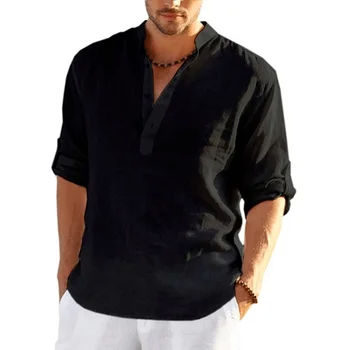 Новая мужская повседневная льняная однотонная рубашка свободного покроя с длинным рукавом, хлопковая льняная рубашка с длинным рукавом, футболка большого размера