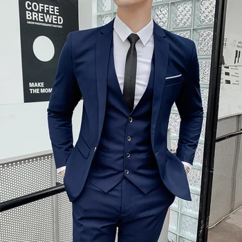 Новейший темно-синий мужской блейзер с зубчатыми лацканами, роскошный деловой офисный мужской костюм, приталенный на одной пуговице, высококачественный свадебный костюм
