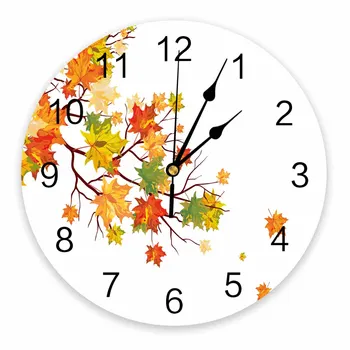 Осенние ветви Кленового листа Декоративные Круглые настенные часы Дизайн с арабскими цифрами, Не тикающие Спальни Ванная комната Большие настенные часы
