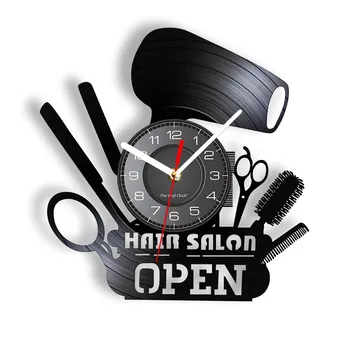 Открытая парикмахерская, современные настенные часы с виниловой пластинкой, парикмахерские инструменты, лазерная резка, настенные часы с длинным воспроизведением, подарки для парикмахеров и магазинов