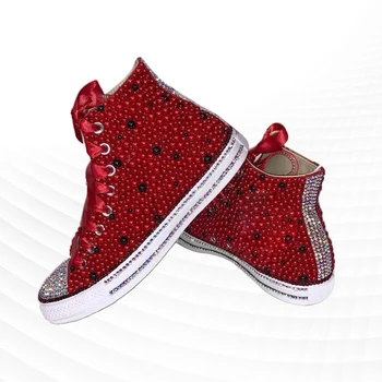 Парусиновая обувь с красной лентой, удобная обувь для ходьбы с красной лентой, Вулканизированная обувь ручной работы с жемчугом и стразами 35-46