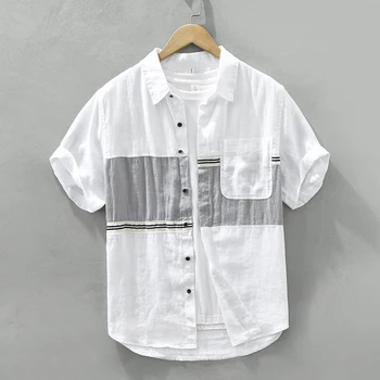 Повседневная Рубашка из Чистого Льна для Мужчин, Лоскутные Топы С Коротким Рукавом, Летняя Новая Дизайнерская Одежда 2023 года