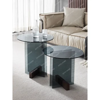 Приставной столик из закаленного стекла круглый Прозрачный Приставной столик Современный Минималистичный Угловой столик для гостиной из массива дерева