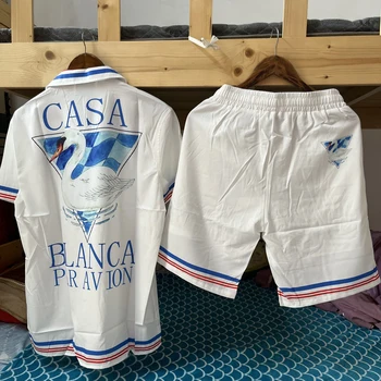Реальные фотографии Рубашки Casablanca, кардиган с принтом лебедя, с короткими рукавами, свободная спортивная рубашка с карманами для мужчин и женщин