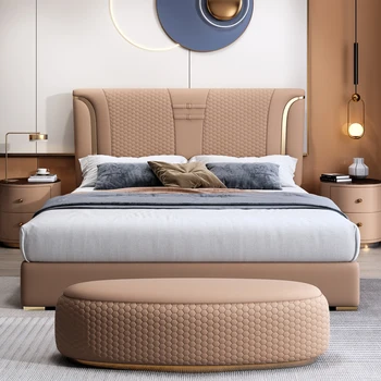 Роскошная двуспальная кровать в главной спальне Итальянская Светлая Роскошная Кожаная Двуспальная Кровать Leather Art Bed Master Room Новинка 2023 года