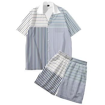 Рубашка с коротким рукавом и шортами в полоску с кубинским воротником и принтом, летние гавайские пляжные мужские комплекты из двух предметов