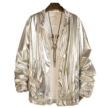 Серебристо-золотая Блестящая куртка, пальто для мужчин, диджей ночного клуба, танцевальное представление на сцене, пальто на молнии, Уличная одежда в стиле хип-хоп Харадзюку, мужская одежда