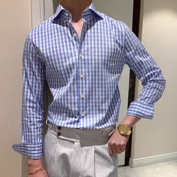 Тенденция британской моды 2023 года, мужская рубашка, офисный смокинг, рубашки для светского бизнеса, решетчатые рубашки, мужская рубашка с кубинским воротником и длинным рукавом.