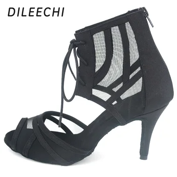 Туфли для латиноамериканских танцев DILEECHI, Черные атласные с сеткой, ботинки для бальных танцев для сальсы, Мягкая подошва, Высокий Тонкий каблук 85 мм