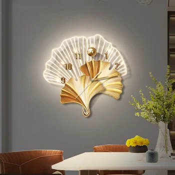 Украшение дома, часы с подсветкой, трехмерные декоративные Модные часы, Лист Гинкго, светодиодная атмосферная лампа, Подвесная картина