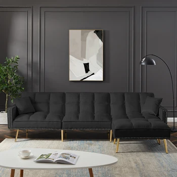 Черный диван для гостиной, обитый бархатом, реверсивный модульный диван-кровать L-образный диван с металлическими ножками