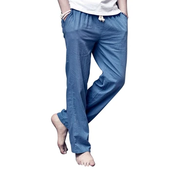 Японские модные Мужские Льняные Хлопчатобумажные брюки свободного покроя, Повседневные Легкие Прямые брюки с эластичной резинкой на талии, Летние Пляжные Прямые брюки